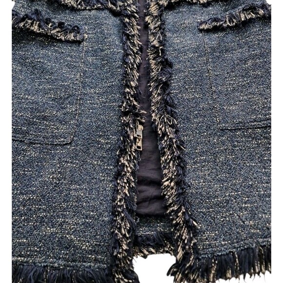 Theory Coat Women's Large Blue Zarafilla Indigo Tweed Fringe Trim Work Career - Picture 4 of 14